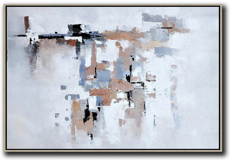 Oversized Horizontal Contemporary Art,Abstract Art Decor Large Canvas Painting,White,Grey,Beige